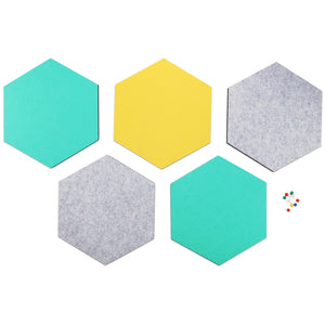 SEG Direct Hexagon Felt Board Gray/Teal/Yellow 5 PCS Set with Push Pins 10.2 x 11.8 x 0.5 inches