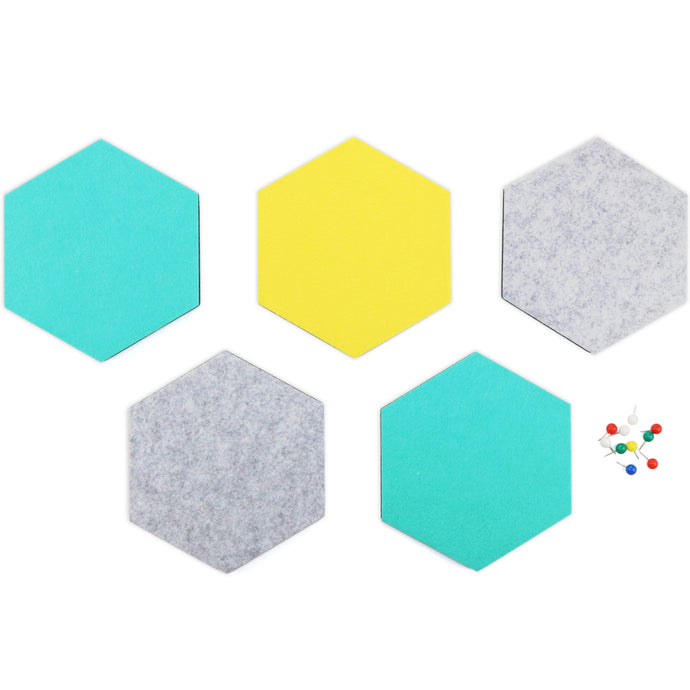 SEG Direct Hexagon Felt Board Gray/Teal/Yellow 5 PCS Set with Push Pins 6.1 x 7.1 x 0.5 inches