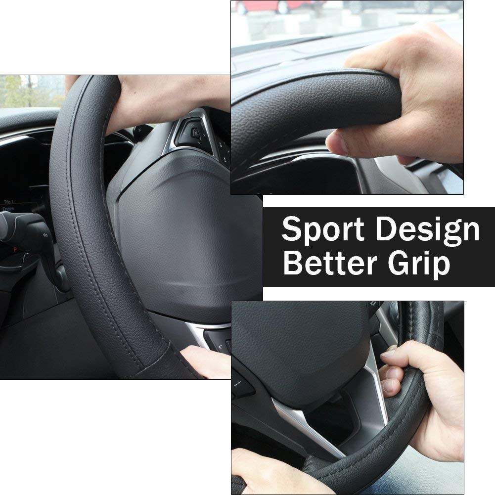 SEG Direct Car Steering Wheel Cover Universal Standard Size 14.5-15 inch,  Black and White Microfiber Leather