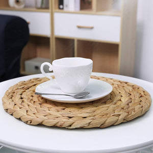 SUEH DESIGN Set of 6 Round Woven Placemat, Water Hyacinth Weave Placemat, Heat-Resistant Non-Slip Woven Handmade Placemat 30CM