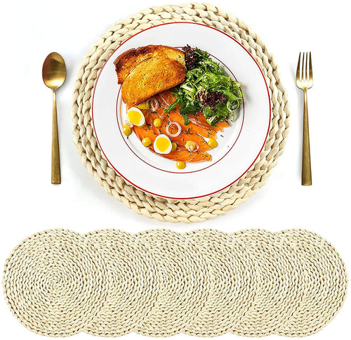 SUEH DESIGN Set of 6 Round Woven Placemat, Corn Husk Weave Placemat, Placemat Braided Rattan Tablemats 11.8